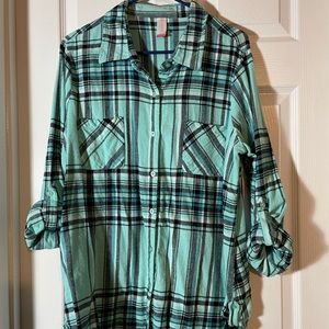 Plaid Flannel Tunic Shirt Aqua Button-up